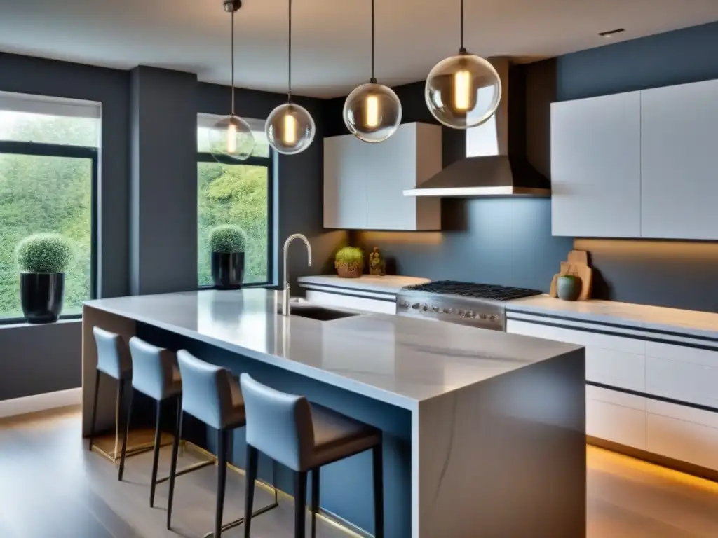 Renovación de cocina de lujo con mármol y acero inoxidable Una elegante renovación de cocina con mármol, electrodomésticos de acero inoxidable y una isla moderna con iluminación de diseño