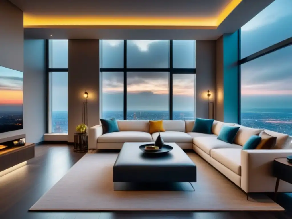 Salón de lujo en alquiler vacacional: diseño elegante con vistas urbanas Elegante sala de estar de alquiler a corto plazo con mobiliario lujoso, decoración refinada y vistas a la ciudad