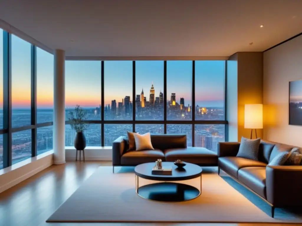 Sofisticado salón urbano con vista panorámica y estilo moderno Elegante sala de estar en alquiler de corto plazo con vistas a la ciudad, ideal para una estrategia de inversión en alquileres vacacionales