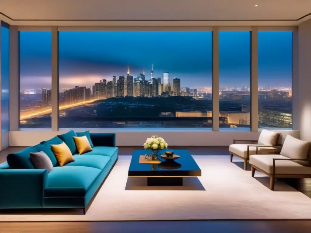 Salón de lujo con vista nocturna a la ciudad Elegante sala de estar en un apartamento de lujo con vista nocturna a la ciudad
