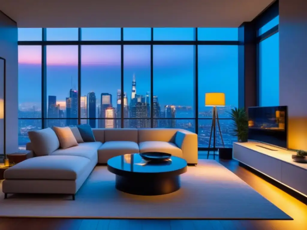 Salón de lujo con vista urbana al atardecer Elegante sala de estar en un apartamento de lujo con vista a la ciudad al anochecer, perfecta para estrategia inversión inmobiliaria sólida