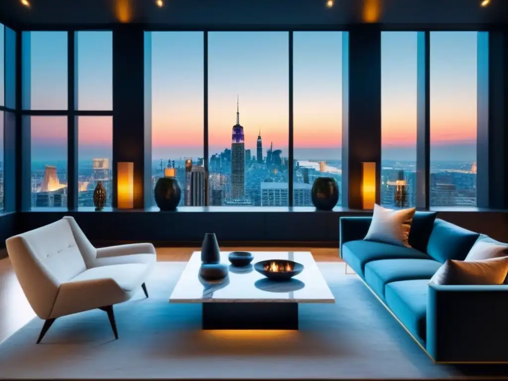 Lujoso salón penthouse con vista panorámica a la ciudad Elegante sala de estar en ático de lujo con vistas a la ciudad y muebles contemporáneos, ideal para transacciones inmobiliarias de lujo