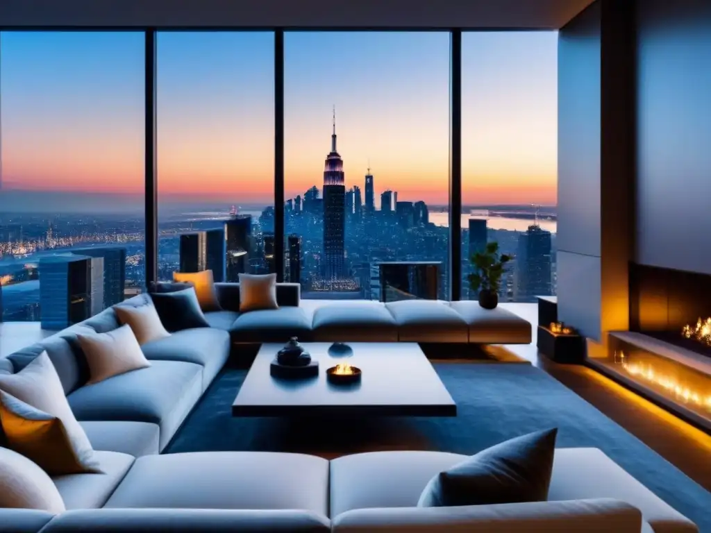 Elegante sala de estar de penthouse con vista nocturna a la ciudad Elegante sala de estar en ático moderno con vista nocturna de la ciudad