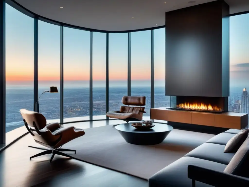 Penthouse de lujo con vistas panorámicas y diseño contemporáneo Elegante sala de estar en ático con vista panorámica de la ciudad y mobiliario contemporáneo, bañada en cálida luz natural