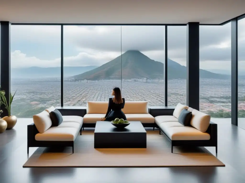 Showroom de lujo en México: minimalismo y tradición Elegante sala de exposición de bienes raíces en México con toques tradicionales y vista panorámica