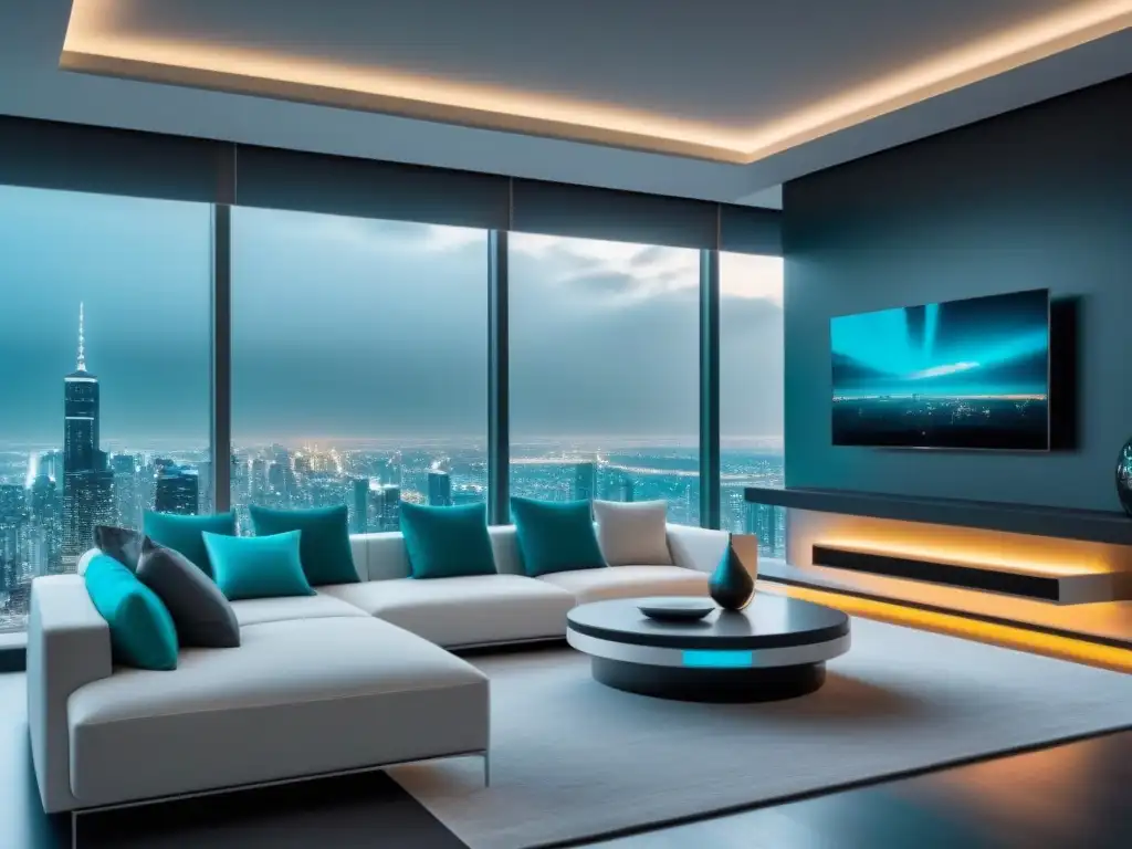 Sala inteligente y moderna con control por voz y vistas nocturnas Elegante sala de estar en una casa inteligente con tecnología smart homes diseño interiores