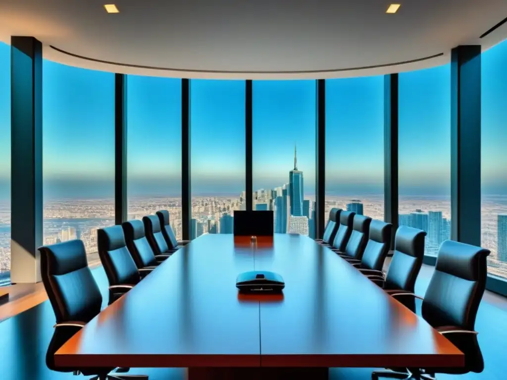 Oficina ejecutiva moderna con vista a la ciudad: negociaciones inmobiliarias exitosas Elegante sala de juntas con mesa de conferencias brillante, sillas de cuero y vista a la ciudad