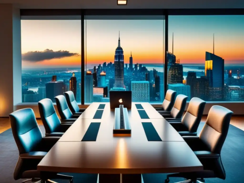 Oficina ejecutiva moderna con vista a la ciudad al atardecer Elegante sala de juntas con mesa de conferencias, sillas de cuero y vista urbana al atardecer
