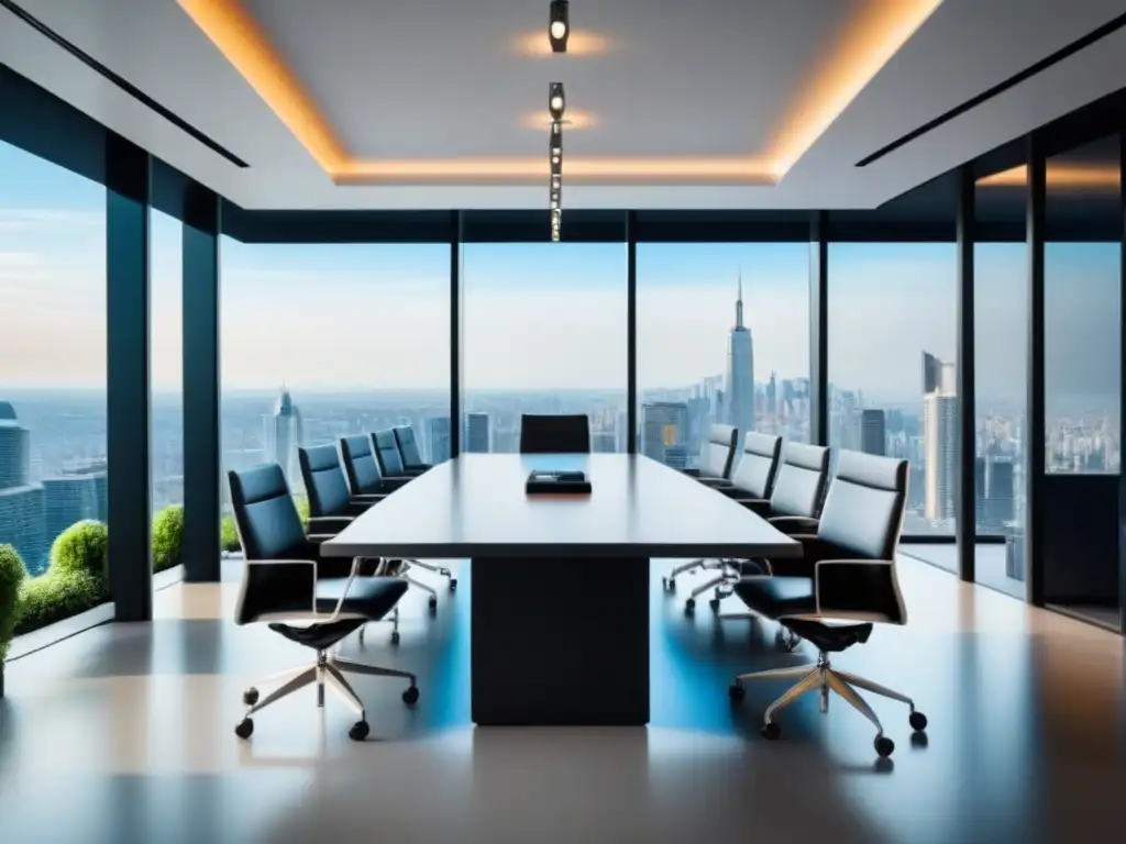 Sala de juntas moderna de lujo con vista a la ciudad Elegante sala de juntas moderna con vista a la ciudad y diseño minimalista para discutir regulaciones financiamiento inmobiliario