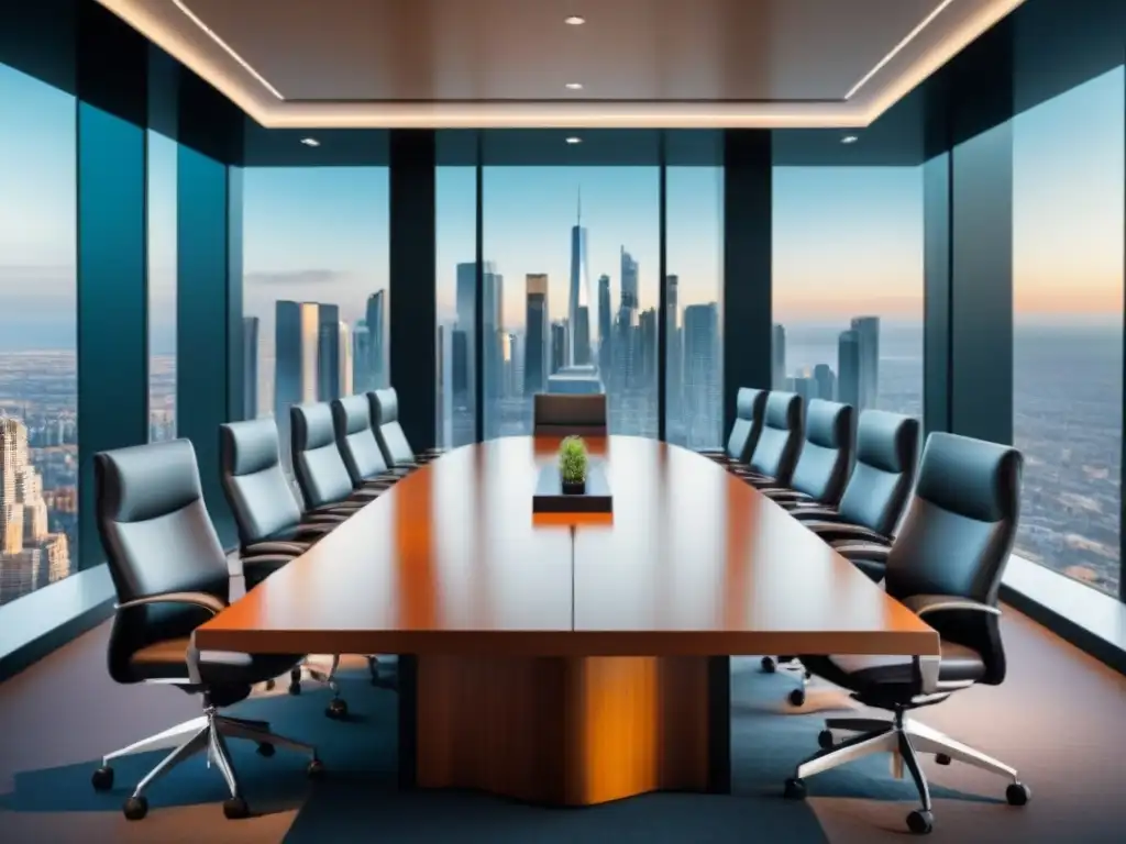 Oficina de lujo con vista panorámica: inversión inmobiliaria Elegante sala de juntas moderna con vista panorámica a la ciudad, donde profesionales debaten estrategias de salida inversiones inmobiliarias