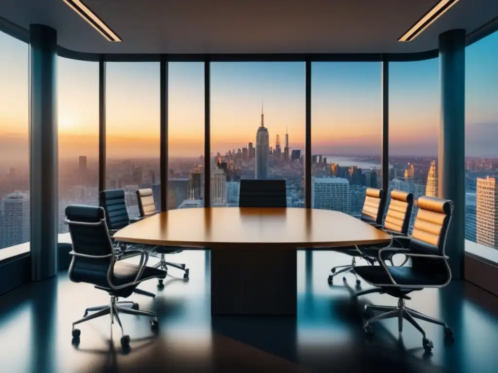 Sala de juntas moderna de lujo con vista urbana Elegante sala de juntas con vista urbana al atardecer para Créditos privados para inversores inmobiliarios