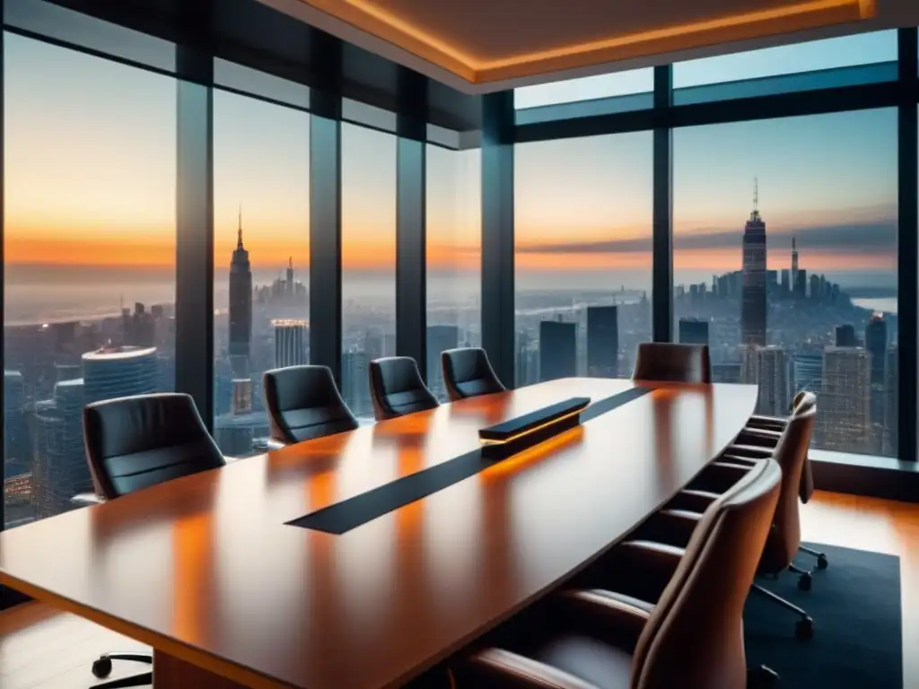 Sala de juntas de lujo con vista a la ciudad: profesionales en acción Elegante sala de juntas con vista a la ciudad, mesa de madera y ejecutivos discutiendo estrategias de salida inversor inmobiliario