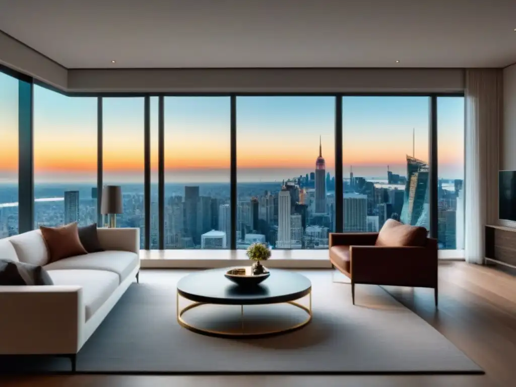 Salón de lujo en apartamento exclusivo con vistas panorámicas Elegante sala de estar en un lujoso apartamento con vista panorámica a la ciudad