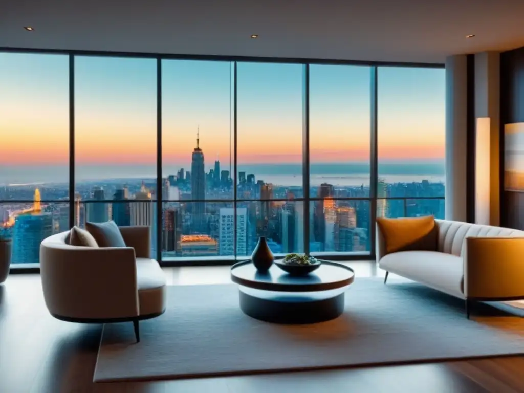 Salón de lujo para refinanciar: elegancia y sofisticación en la ciudad Elegante sala de estar moderna con decoración sofisticada y vista a la ciudad