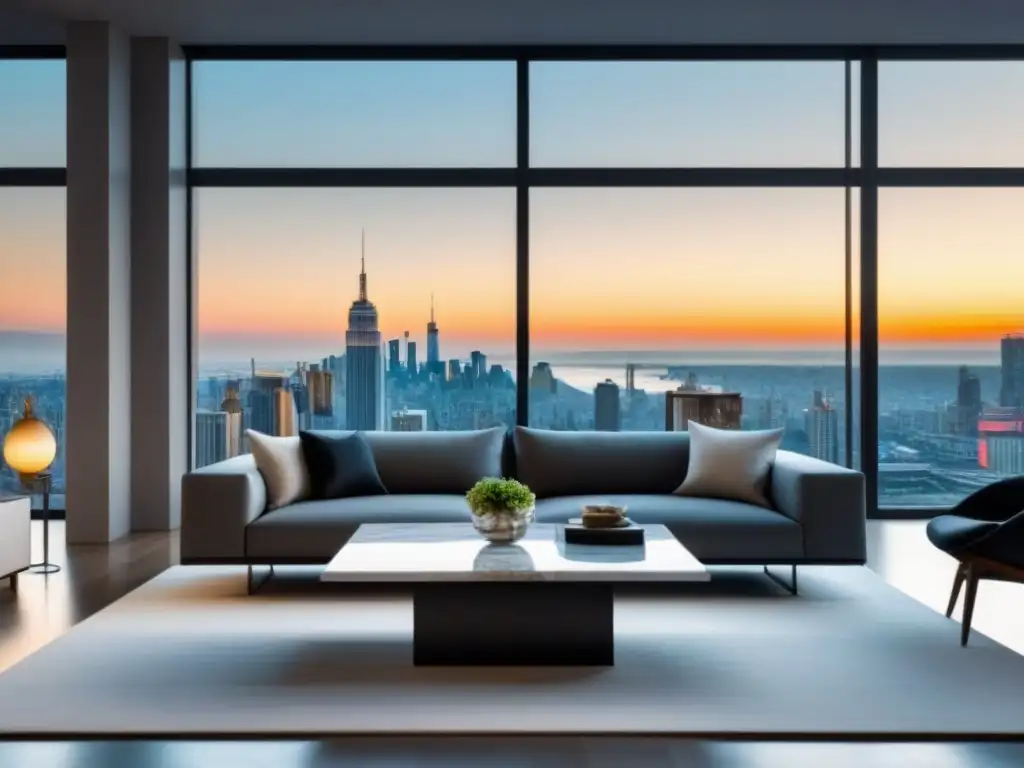 Sofisticada sala de estar moderna con vistas a la ciudad Elegante sala de estar moderna con sofá gris, mesa de café de mármol y gran ventanal con vista a la bulliciosa ciudad