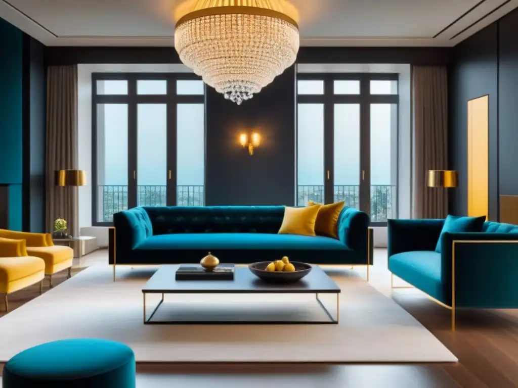 Suntuoso salón moderno con detalles opulentos y elegantes Elegante sala de estar moderna con lujoso diseño y decoración de propiedades de lujo