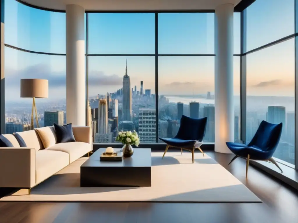 Sala de estar de lujo con vista urbana, elegante y moderna Elegante sala de estar moderna en propiedad de lujo con vista a la ciudad