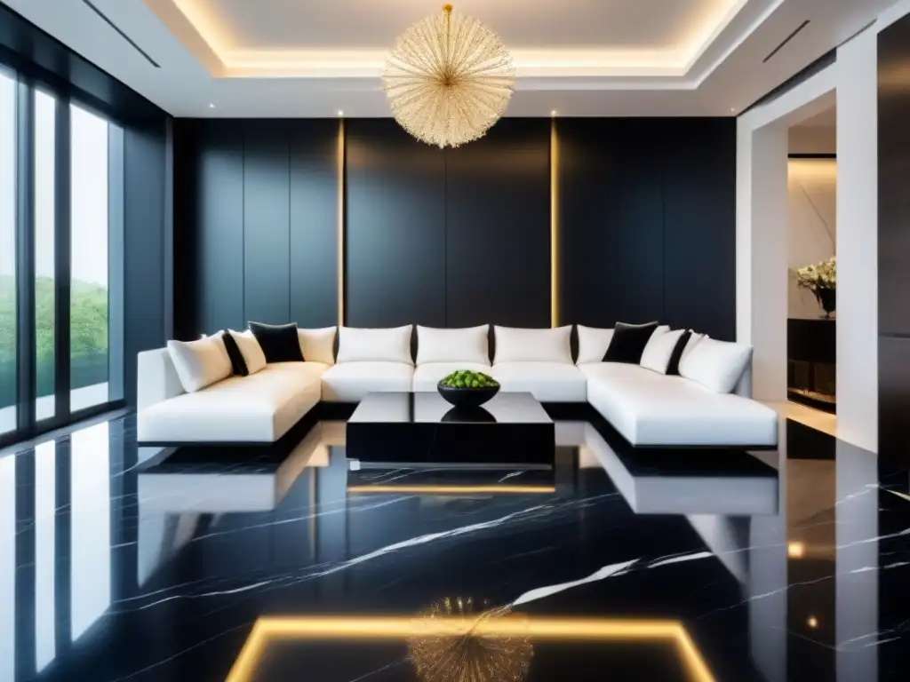 Sala de estar de lujo: suelo de mármol negro pulido con elegante veteado blanco Elegante sala de estar moderna con suelo de mármol negro brillante y veteado blanco, reflejando tendencias pisos mercado inmobiliario