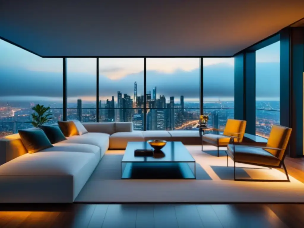 Sala de estar moderna con vista panorámica a la ciudad Una elegante sala de estar moderna con ventanas de piso a techo y vistas impresionantes a la ciudad, con muebles contemporáneos elegantes, decoración minimalista y un toque de vegetación
