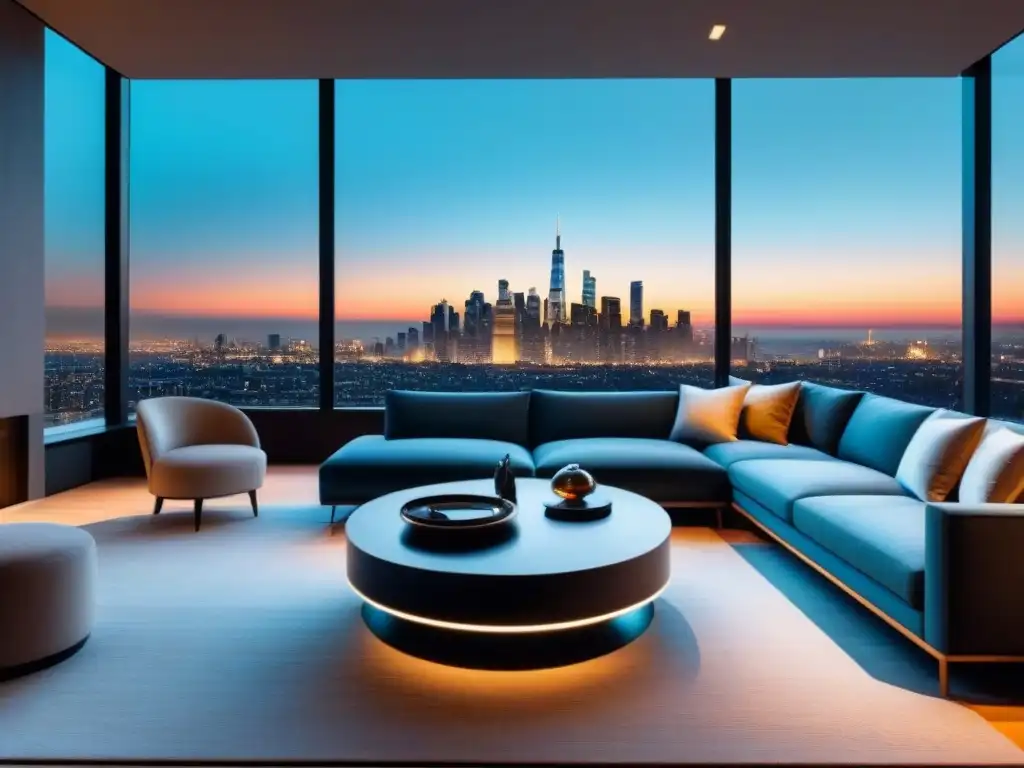 Sala de estar de lujo con vista nocturna a la ciudad y decoración elegante Elegante sala de estar moderna con vista nocturna a la ciudad, decoración sofisticada y ambiente acogedor