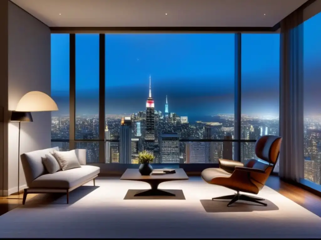 Salón de lujo con vista nocturna de la ciudad y lectura de informe financiero Elegante sala de estar moderna con vista nocturna de la ciudad, persona leyendo informe de inversión