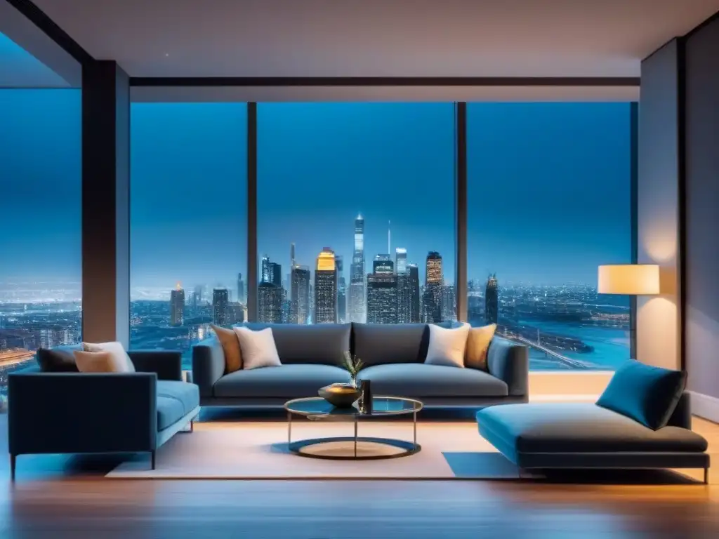Sala de estar de lujo con vista panorámica nocturna de la ciudad Elegante sala de estar moderna con vista nocturna de la ciudad