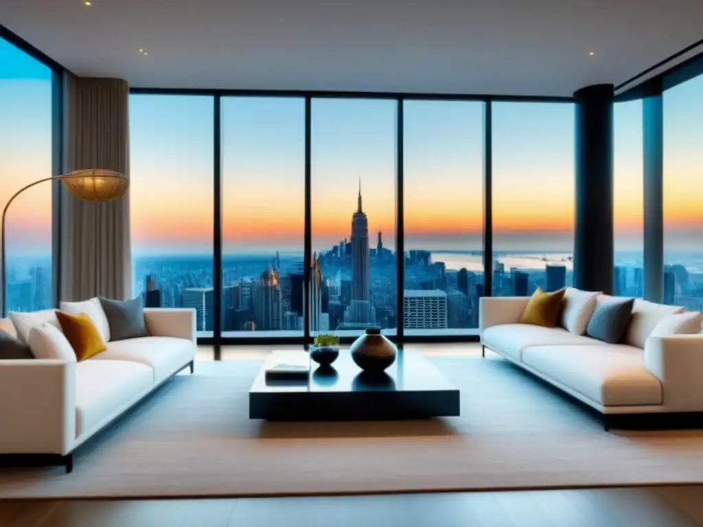 Sala de estar de lujo con vistas a la ciudad: sofisticación y elegancia Elegante sala moderna con vista a la ciudad y muebles sofisticados