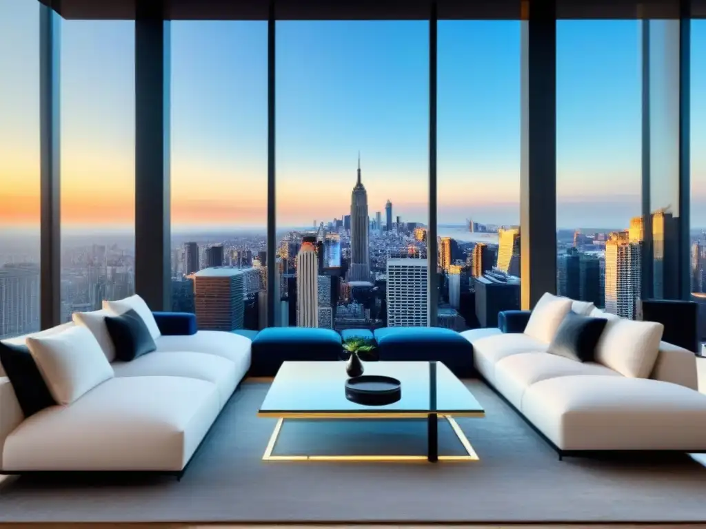 Sofisticado salón moderno con vista panorámica y arte abstracto vibrante Elegante sala de estar moderna con vista a la ciudad, sofá blanco y arte abstracto, iluminada por luz natural