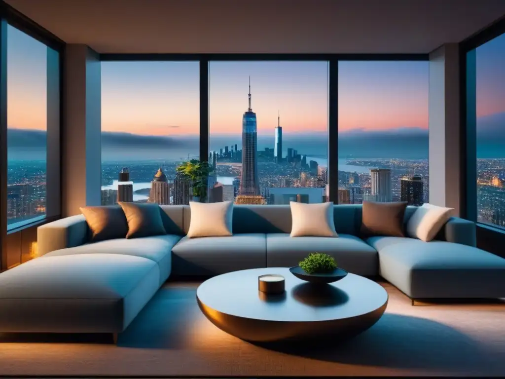 Salón moderno de lujo: negocios y costos ocultos en hipotecas Elegante sala de estar moderna con vista nocturna de la ciudad y documentos financieros, costos ocultos productos hipotecarios
