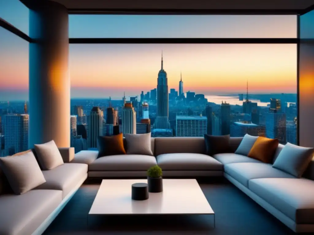 Salón moderno de lujo con vistas a la ciudad al anochecer Elegante sala de estar moderna con vista a la ciudad al atardecer, ideal para evitar errores al refinanciar inmobiliario