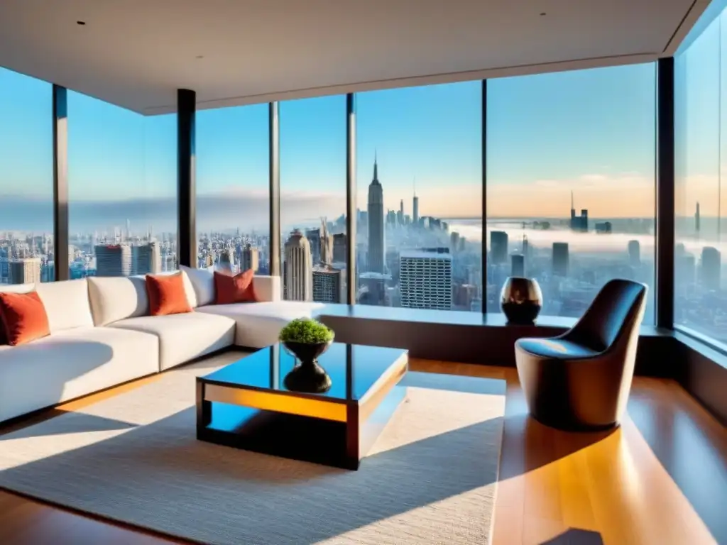 Salón moderno de lujo con vistas impresionantes al skyline de la ciudad Elegante sala moderna con vista a la ciudad, muebles contemporáneos y arte vibrante