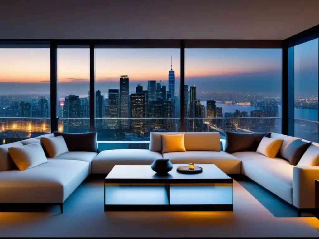 Sala moderna con vista panorámica nocturna de la ciudad Elegante sala de estar moderna con vista nocturna de la ciudad y mobiliario contemporáneo