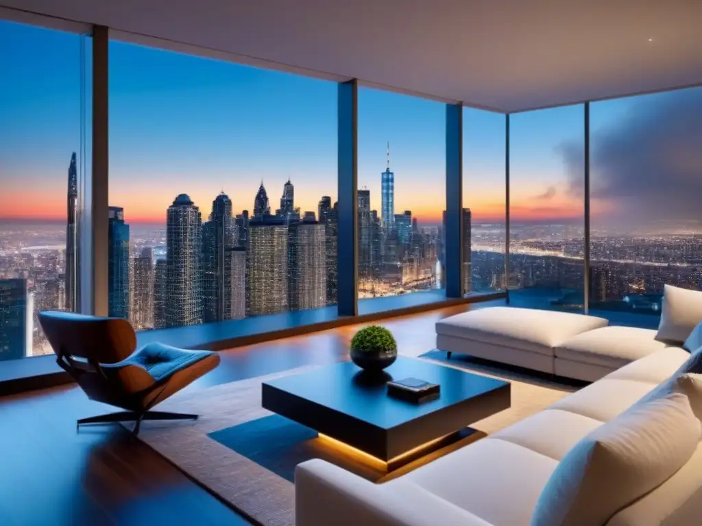 Sala de estar de lujo con vista nocturna de la ciudad Elegante sala de estar moderna con vista nocturna de la ciudad y muebles contemporáneos