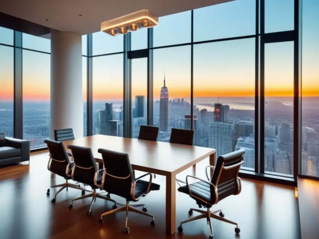 Oficina moderna de lujo con vista a la ciudad: negociación inmobiliaria Una elegante sala de oficina con vista a la ciudad, mesa de conferencias y sillas de cuero