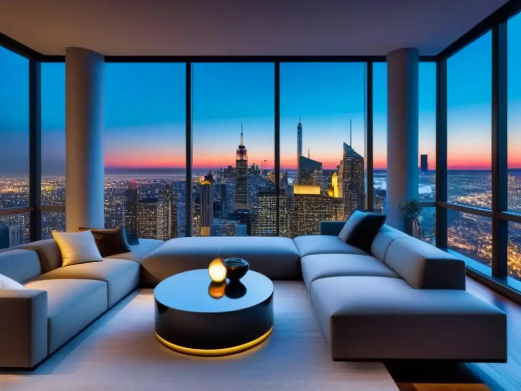 Penthouse de lujo con vistas nocturnas de la ciudad Elegante sala de estar en penthouse con vista nocturna de la ciudad, ideal para estrategias inversión mercado inmobiliario internacional
