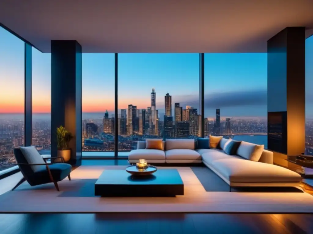 Elegante sala de estar en propiedad de alto valor, con vista a la ciudad al atardecer y ambiente sofisticado