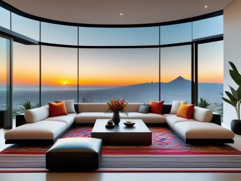 Salón de lujo en propiedad mexicana: elegancia y tradición Elegante sala de estar en propiedad de lujo en México, con decoración contemporánea y vista panorámica a la ciudad al atardecer