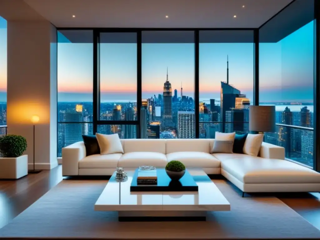 Salón de lujo con sofá blanco y vista panorámica urbana al atardecer Elegante sala de estar con sofá blanco, mesa de mármol y ventanales con vista a la ciudad al atardecer, creando una atmósfera sofisticada y acogedora