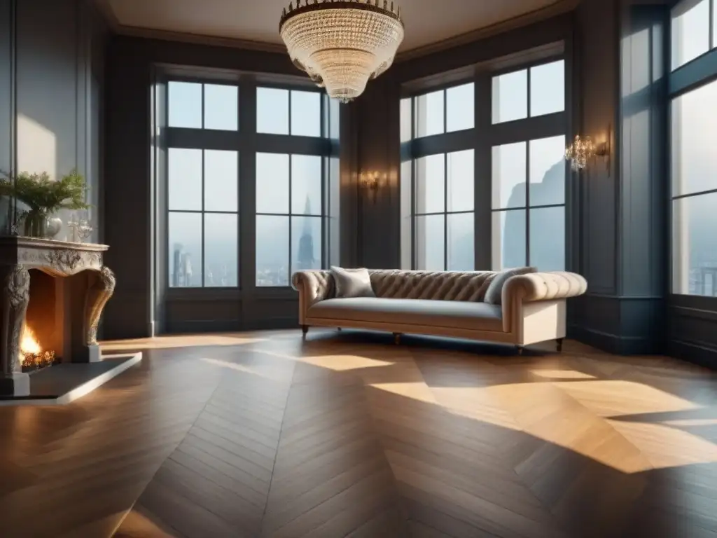 Suelo de madera en espiga: elegancia y calidez en el salón clásico Elegante sala con suelo de parquet en espiga, tendencia en pisos del mercado inmobiliario