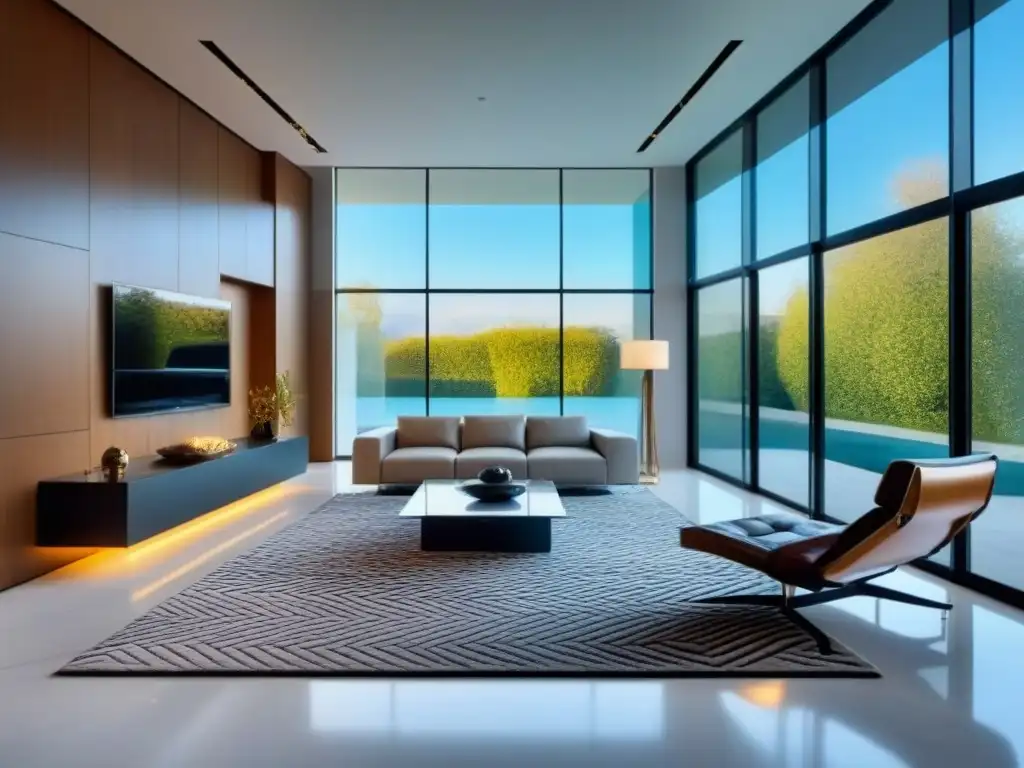 Sala de estar moderna con suelo de mármol blanco y arte abstracto Elegante sala de estar con suelos de mármol blanco brillante y una alfombra geométrica en colores vibrantes