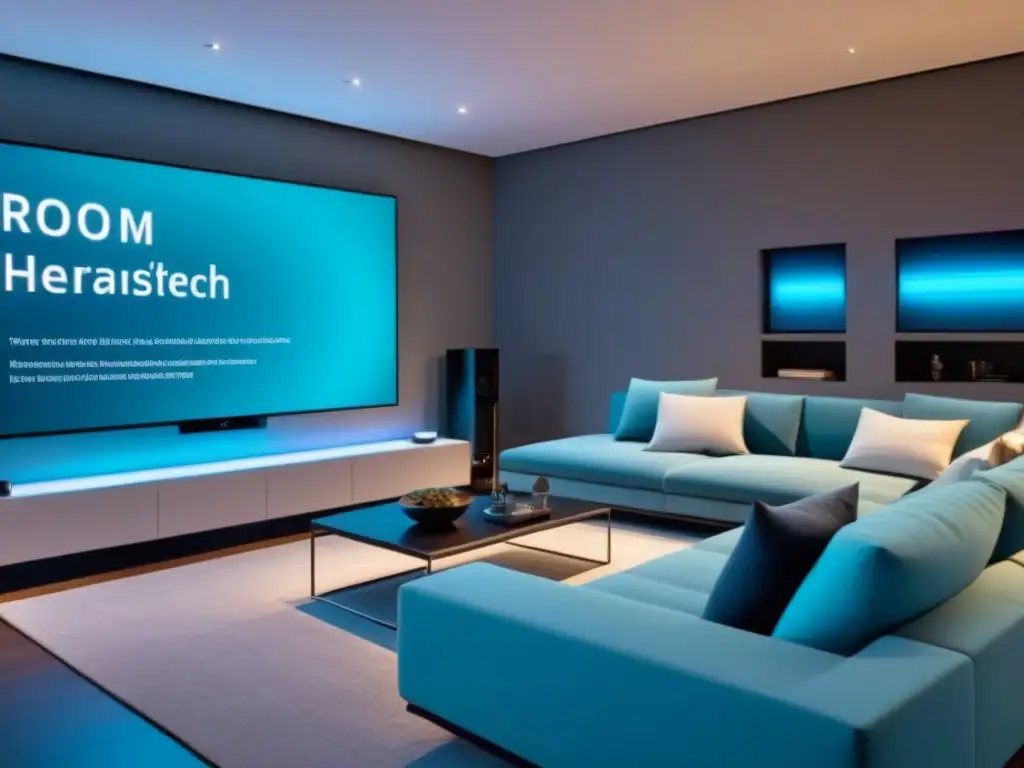 Salón de lujo y tecnología: diseño smart home elegante y moderno Elegante sala de estar en diseño smart home con tecnología y mobiliario minimalista en tonos de gris y blanco, iluminación LED y muebles futuristas
