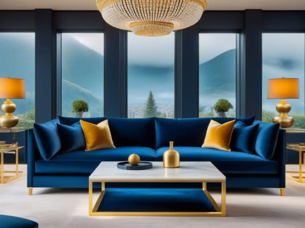 Sofisticado salón de estar con sofá de terciopelo azul marino, detalles en oro y mesa de café de mármol Elegante sala con sofá terciopelo azul, alfombra marfil, detalles dorados y mesa mármol