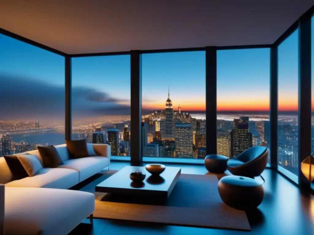 Elegante sala de estar con vista a la ciudad de noche, reflejo de éxito financiero y ventajas hipotecas interés solo