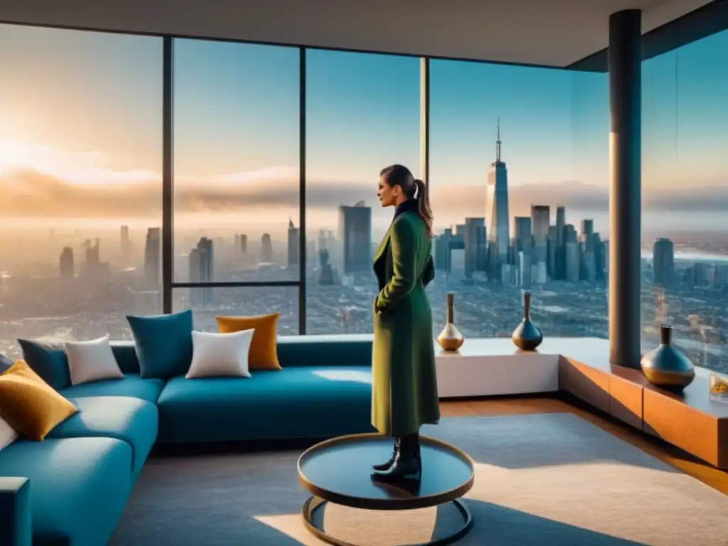 Inversión inmobiliaria: salón moderno con vistas a la ciudad Elegante sala de estar con vistas a la ciudad, destacando el impacto de las tasas de interés en el mercado inmobiliario