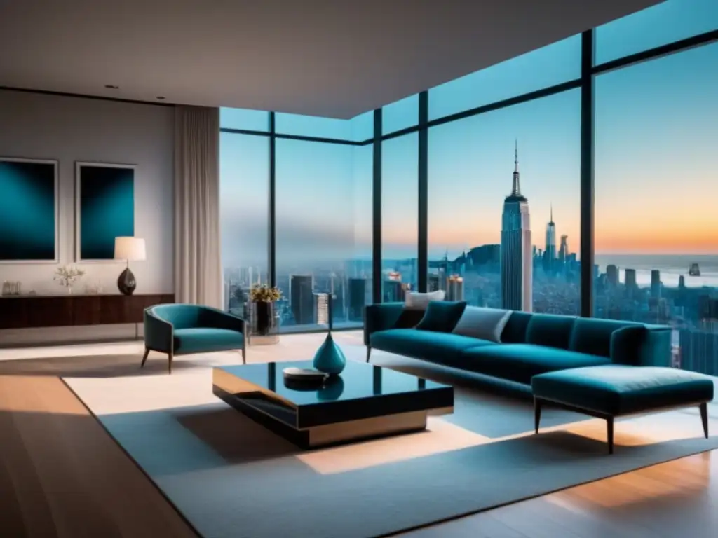 Salón de lujo con vista a la ciudad en apartamento moderno Un elegante salón de un apartamento moderno con vista a la ciudad y muebles contemporáneos, ideal para marketing digital para propiedades de inversión