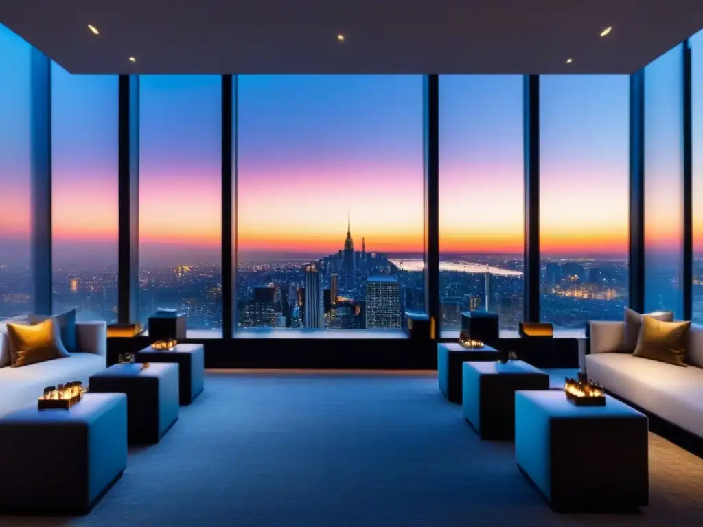 Salón de eventos exclusivo con vista panorámica al atardecer Un elegante salón de eventos en una ciudad al atardecer, con decoración moderna y exclusiva