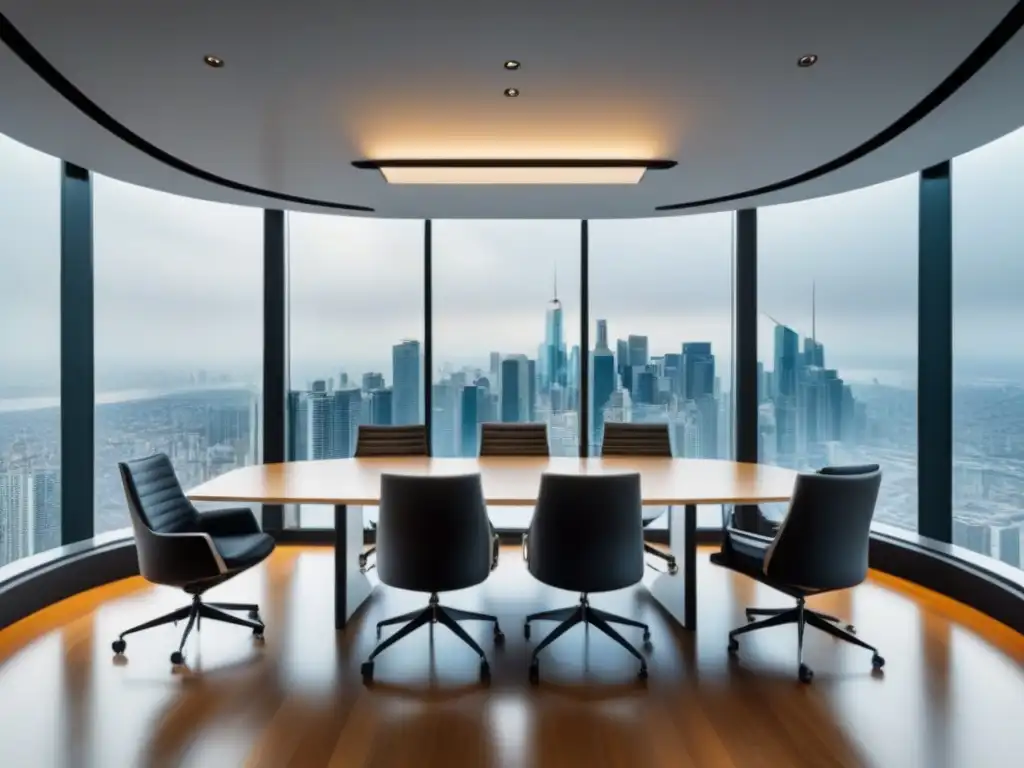 Sala de juntas de lujo con vistas a la ciudad y tecnología innovadora Un elegante salón de juntas con vistas a la ciudad, mesa de conferencias moderna y tecnología avanzada, con toque de naturaleza