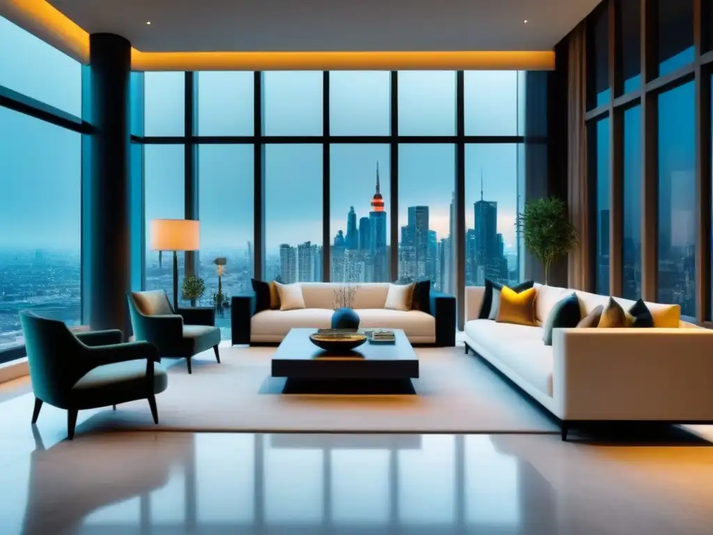 Suntuoso salón moderno en rascacielos con vista urbana Un elegante salón de lujo en un apartamento de alta gama con vistas a la ciudad