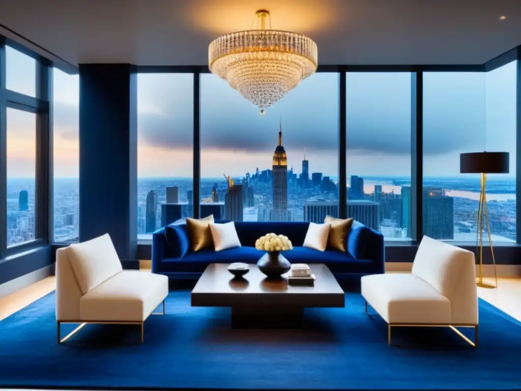 Salón de lujo en penthouse: moderno y elegante con vistas panorámicas Un elegante salón de lujo en un ático de alto standing con vista a la ciudad, muebles contemporáneos y detalles sofisticados