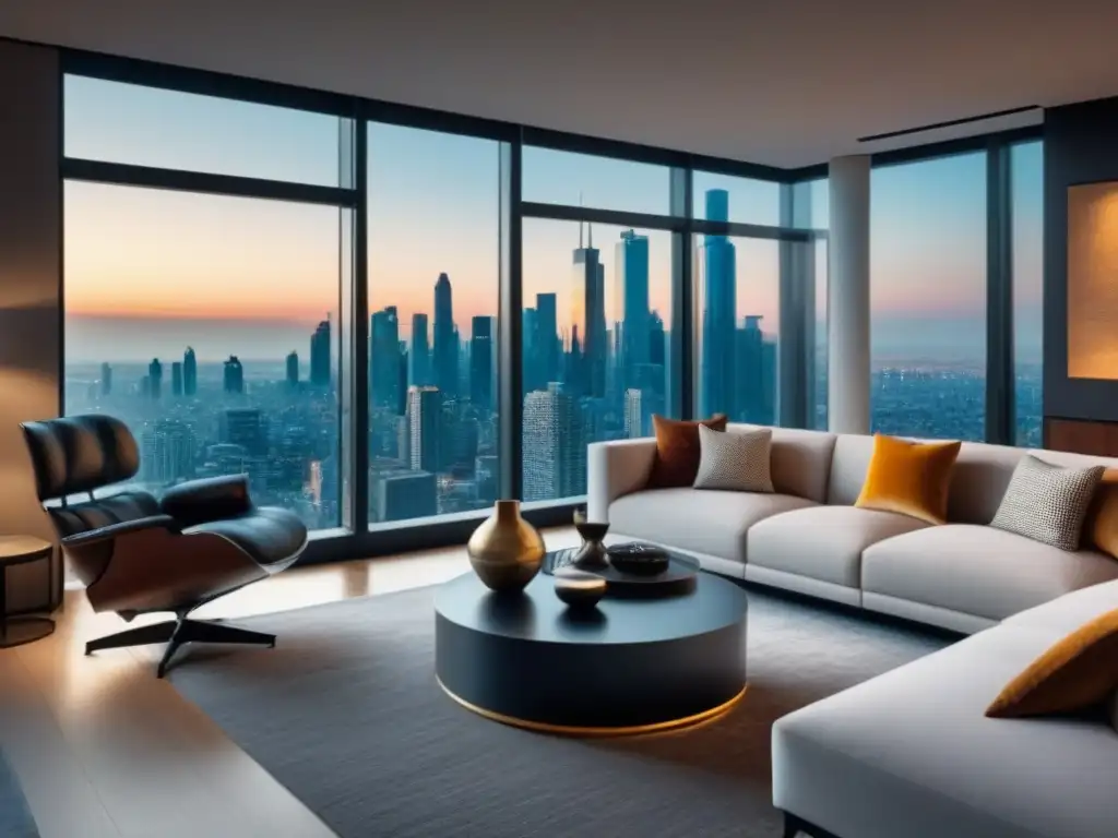 Salón de lujo en propiedad exclusiva: muebles modernos y vista urbana Un elegante salón de lujo en una propiedad inmobiliaria de alta gama, con muebles modernos y vistas urbanas impresionantes